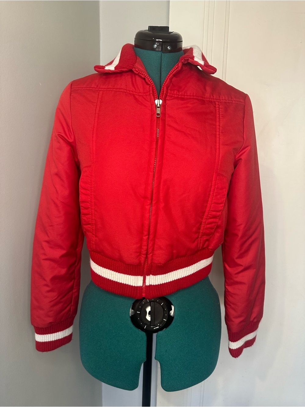 Forever 21 Red Cropped Bomber Jacket with White Stripe